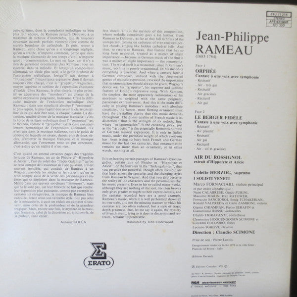 Jean-Philippe Rameau - Colette Herzog, I Solisti Veneti / Claudio Scimone : Deux Cantates : Orphée - Le Berger Fidèle / Air Du Rossignol Extrait D'Hippolyte Et Aricie (LP)